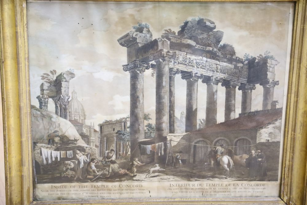 A pair of 18th century coloured engravings, after Clerisseau, Inside the Temple of Concord and Temple of Antoninus and Falstina, 45